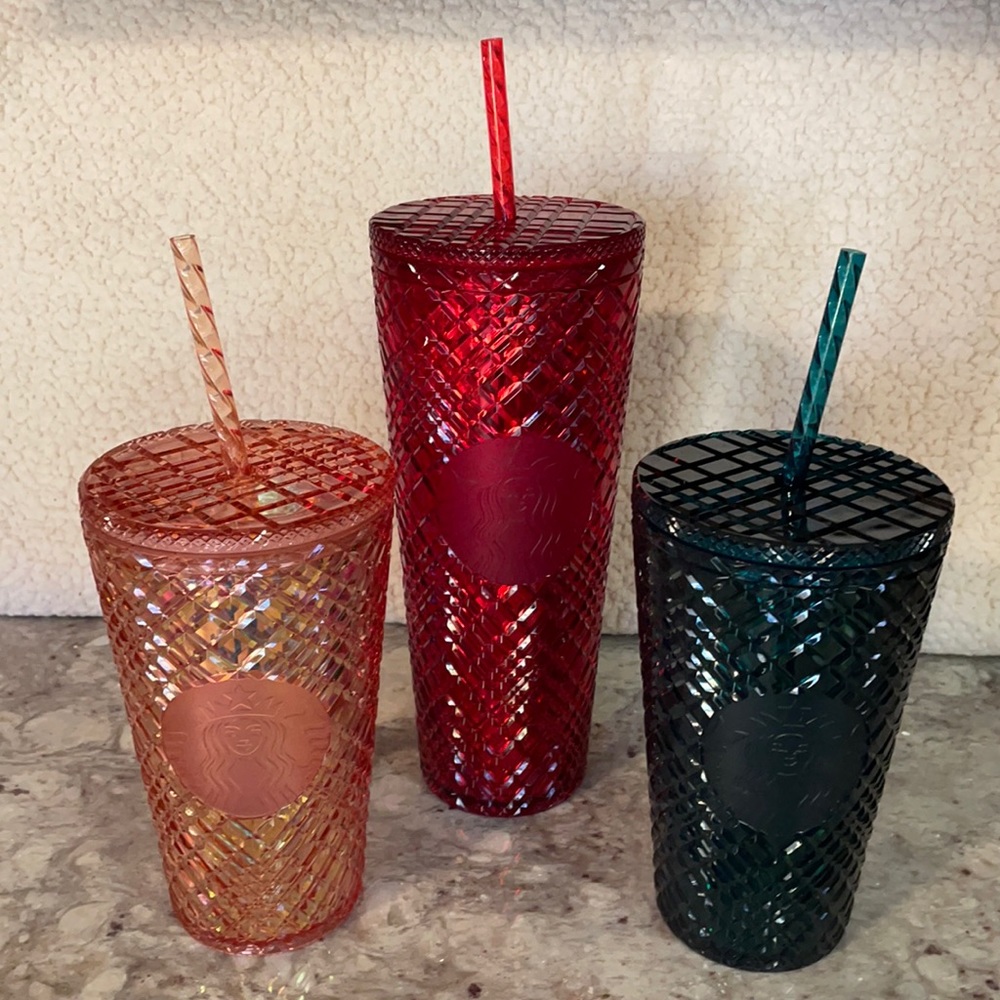 Set of 3 Starbucks Jewel Cold Cup Holiday 2021 Tumblers NEW peach, red, green - Picture 1 of 17